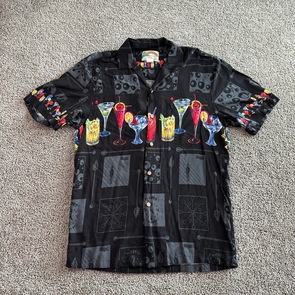 VINTAGE Paradise Found Shirt Mens M Black Happy Hour Cocktails Rayon Button Up* - Picture 1 of 10